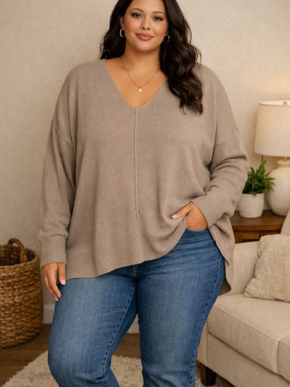 Zenana Outfitters Women's V-Neck Oversized Sweater in Taupe